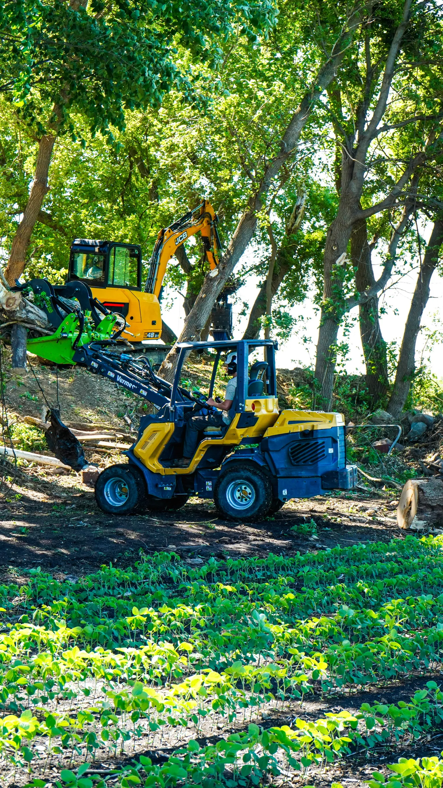 TreeTec machines lined up on a job: excavator, wheel loader and spider lift